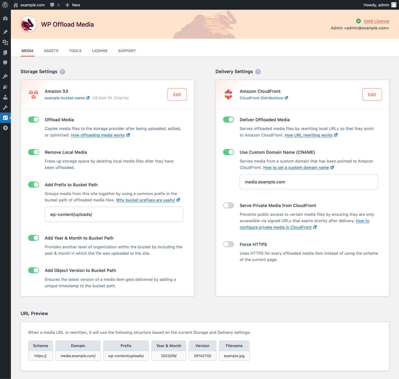 WP Offload Media settings interface for storage and delivery